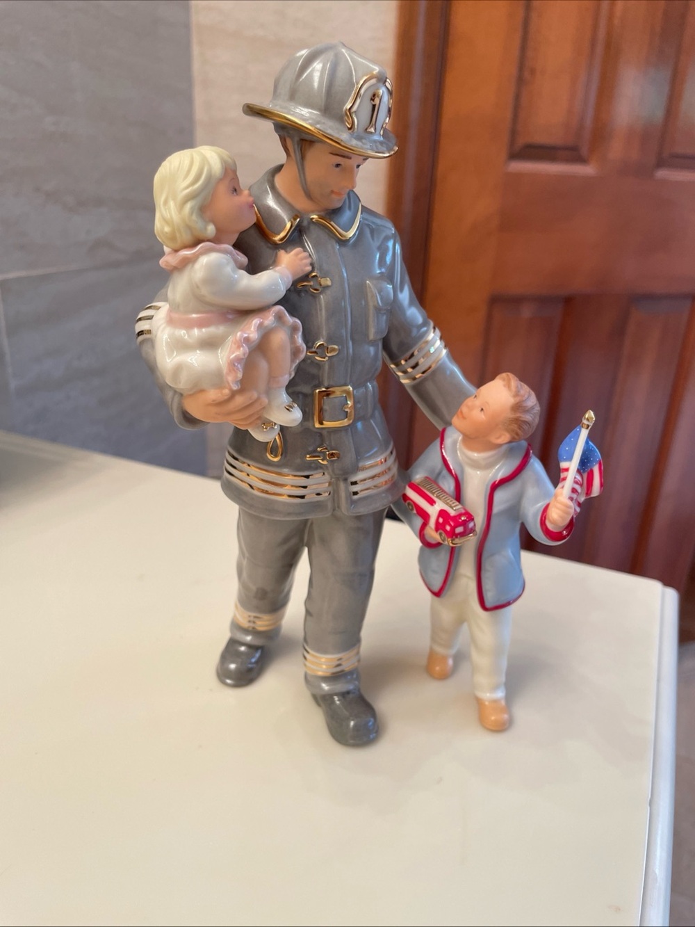 Lenox “The Guardian” Fire Fighter Man With Boy And Girl Figurine